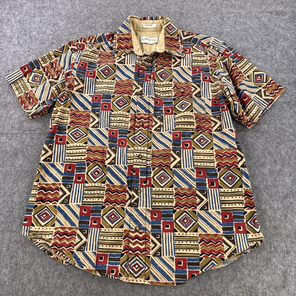 Orvis Shirt Mens Large Multicolor Geometric Tribal Print Button Front Cotton